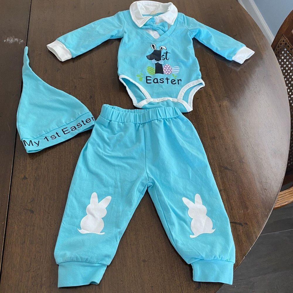 Baby 1st Easter Outfit Top Bottoms and Hat Teal 6-9 Months 3 Piece Set